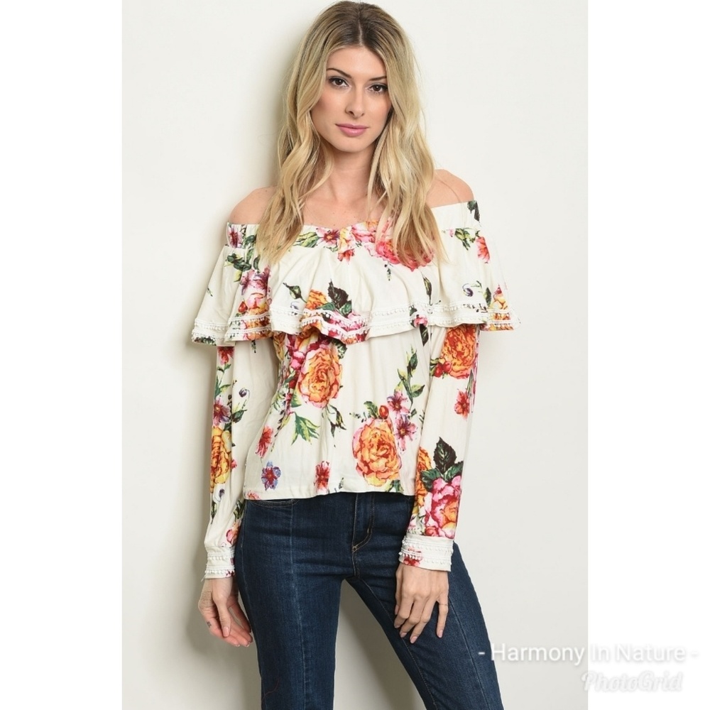 Very Soft Off Shoulder Ivory Floral Blouse - Picture 7 of 8